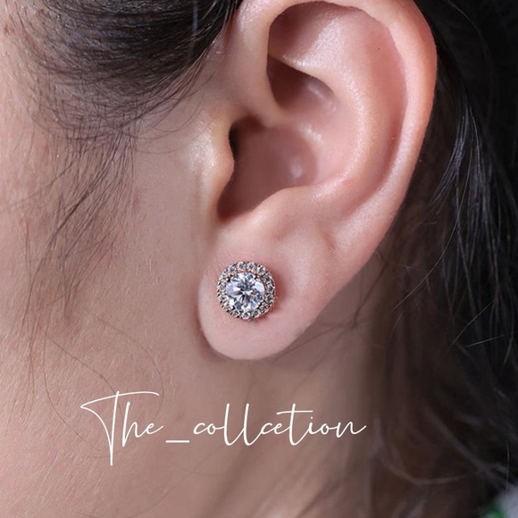 HALO ROSE GOLD PLATED ROUND CUT STUD EARRINGS - Picture 2 of 3